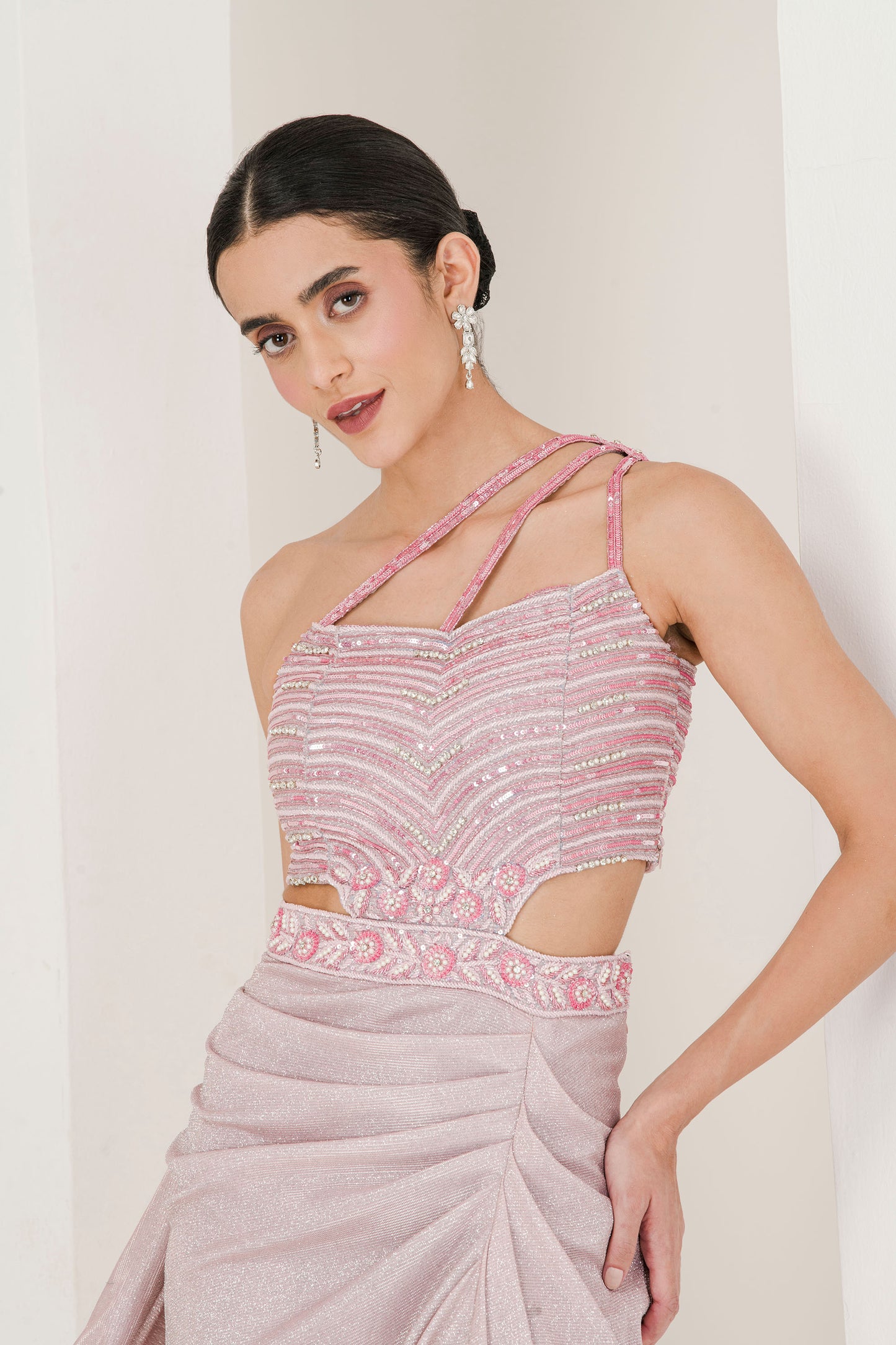 Shimmer pink embroidered pre stitched saree