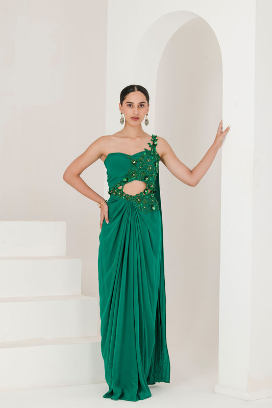 Green crepe hand embroidered pre stitched saree