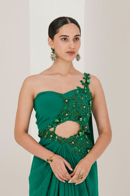 Green crepe hand embroidered pre stitched saree