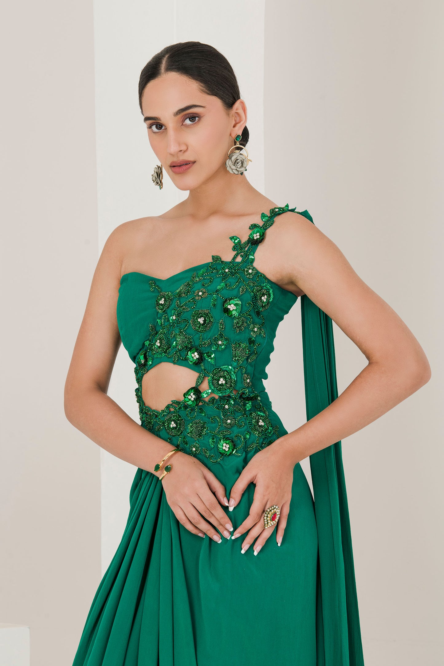 Green crepe hand embroidered pre stitched saree