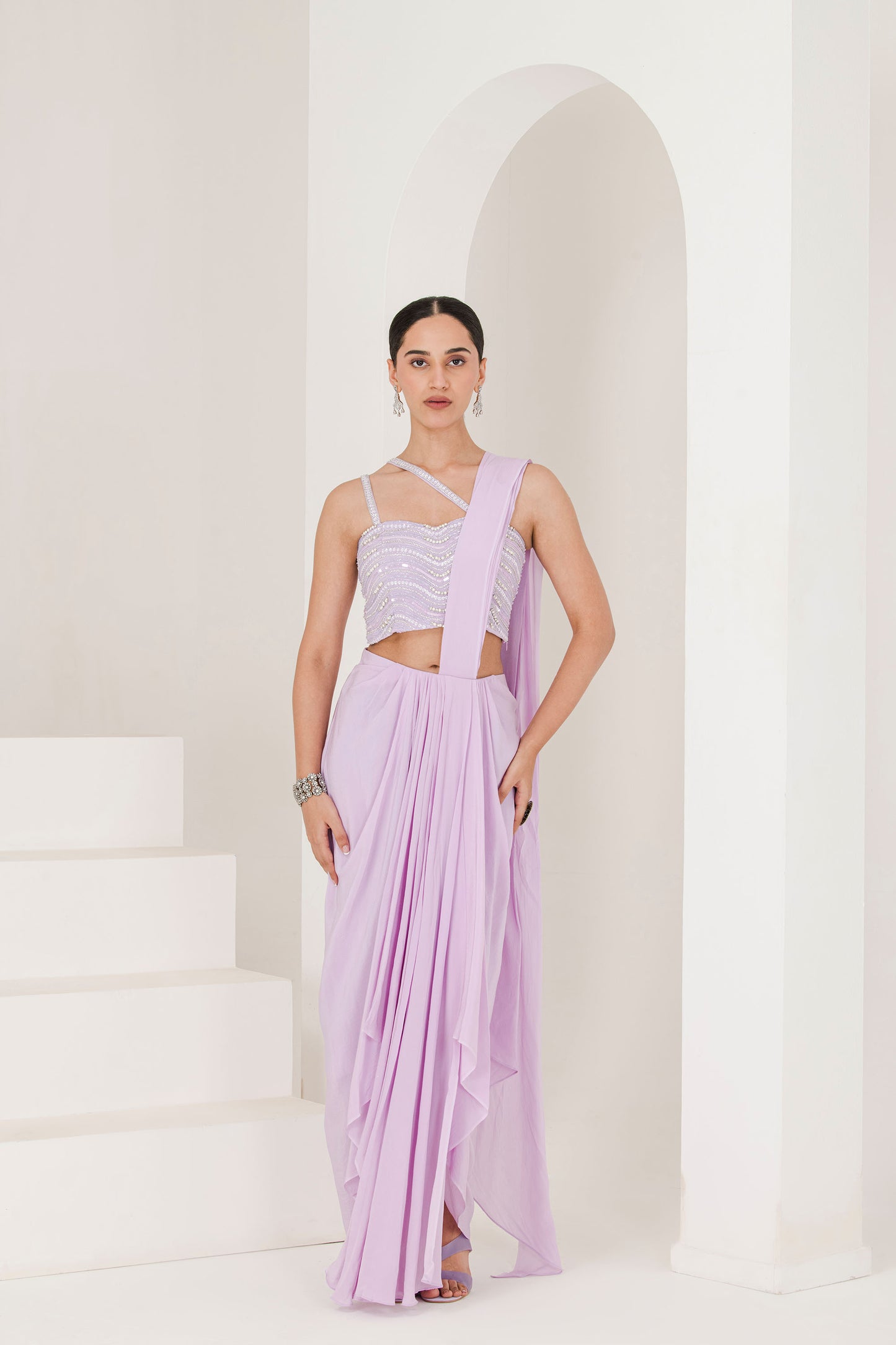 Lilac hand embroidered pre stitched saree