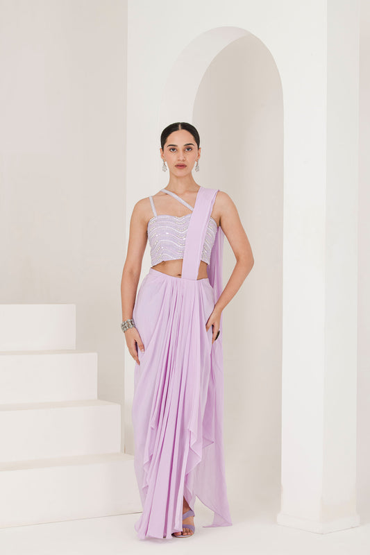 Lilac hand embroidered pre stitched saree