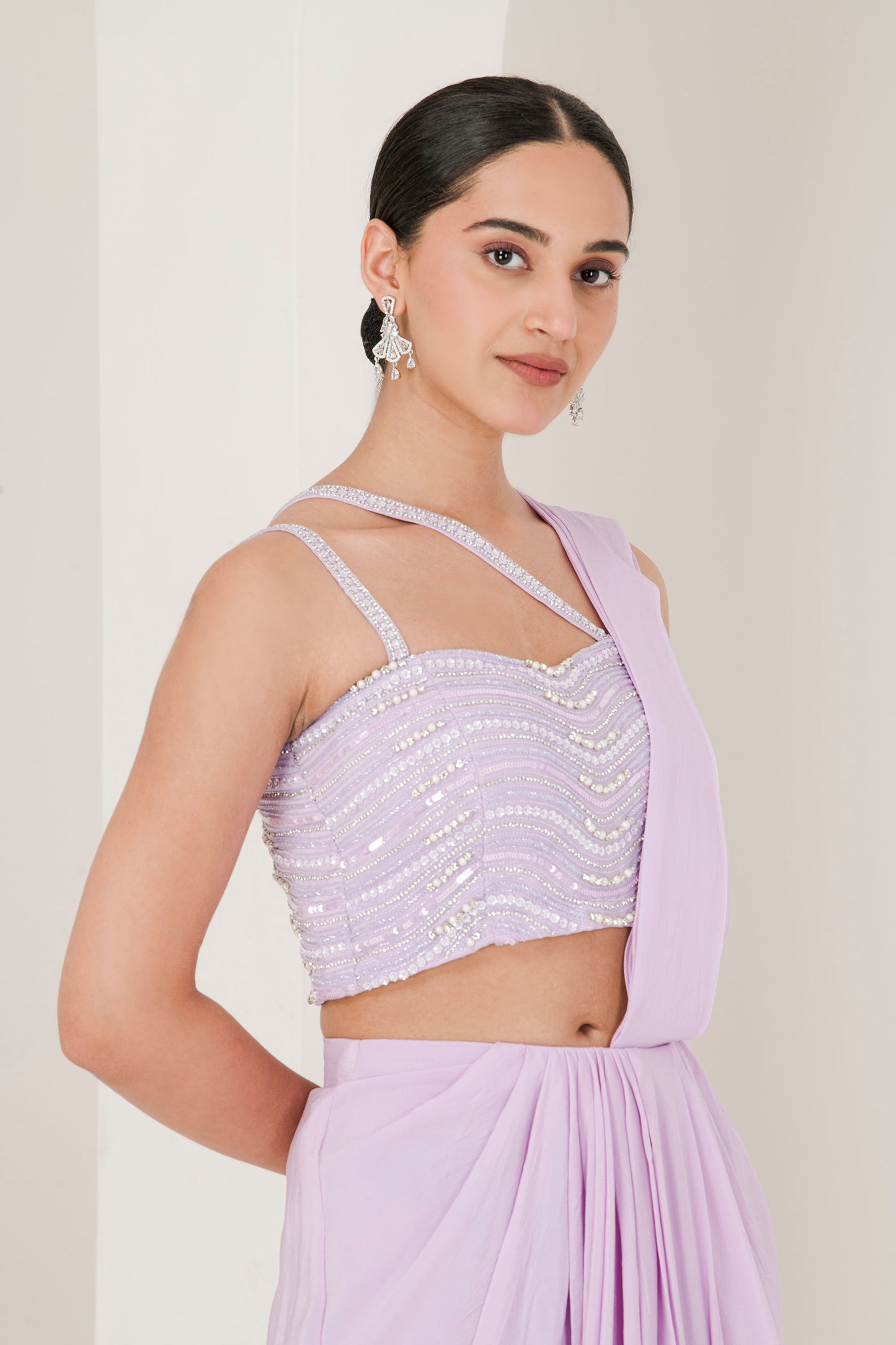 Lilac hand embroidered pre stitched saree