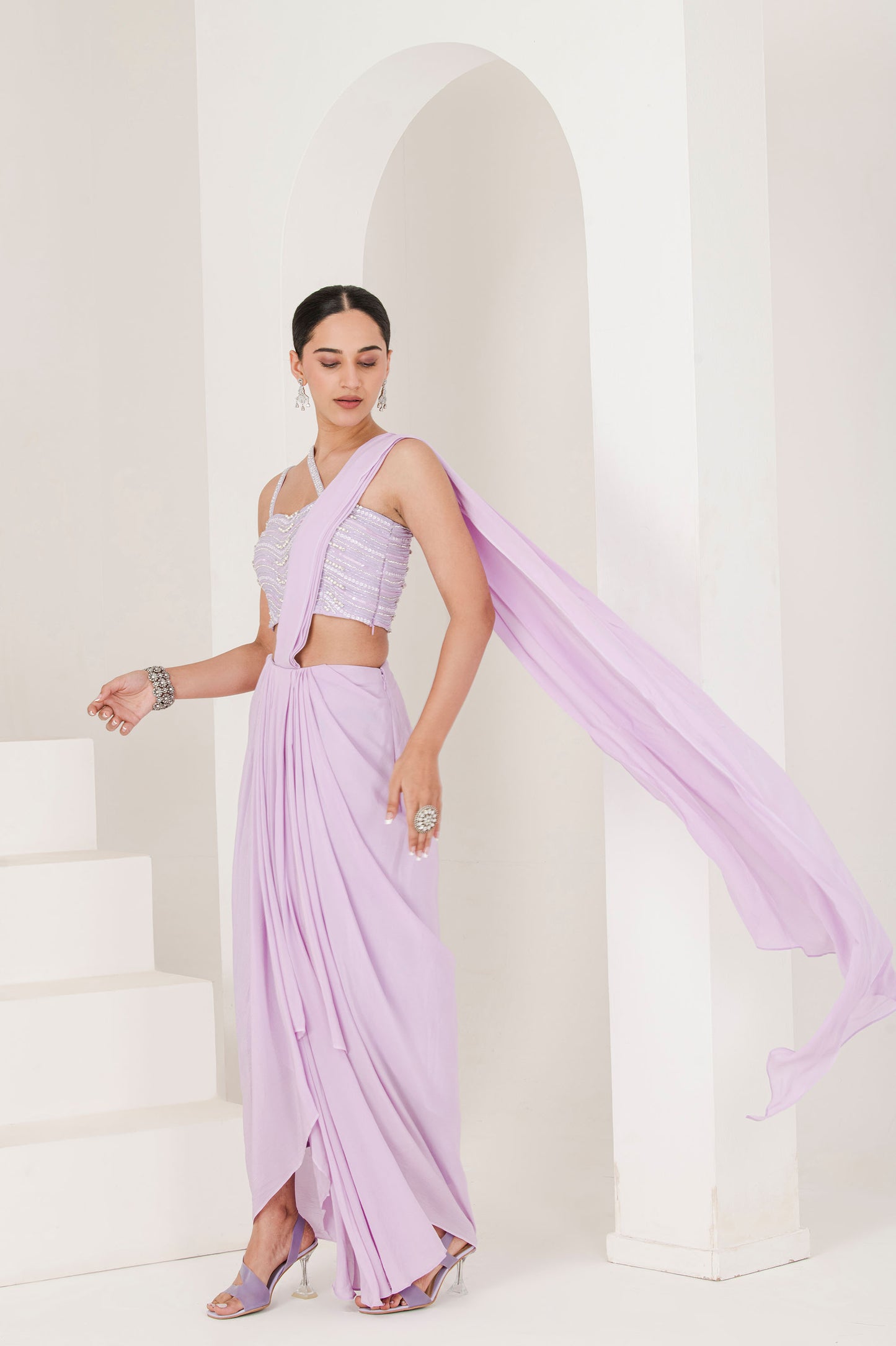 Lilac hand embroidered pre stitched saree