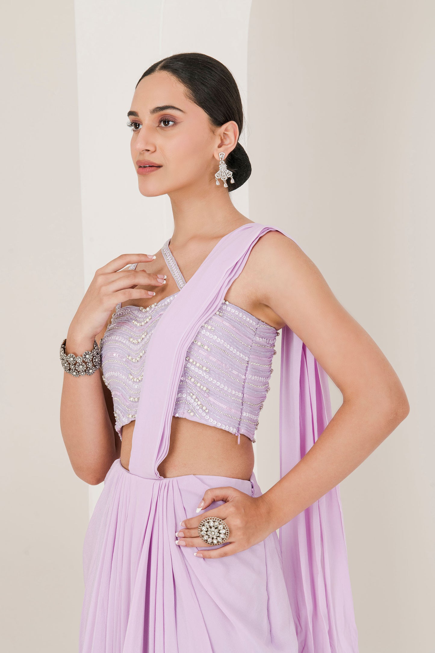 Lilac hand embroidered pre stitched saree