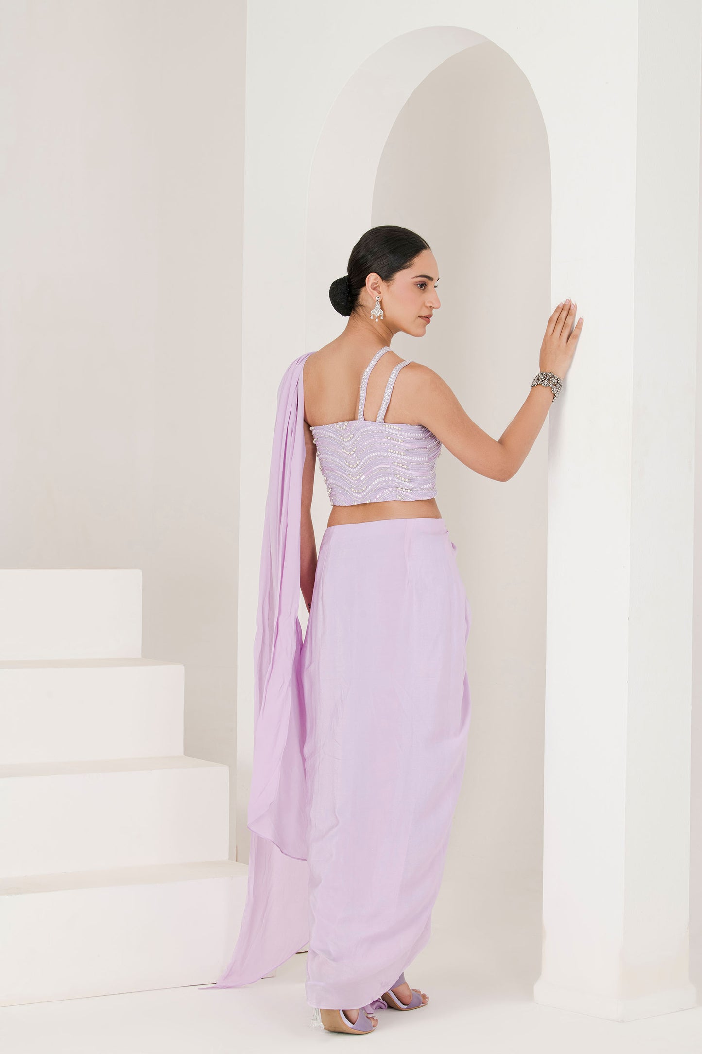 Lilac hand embroidered pre stitched saree