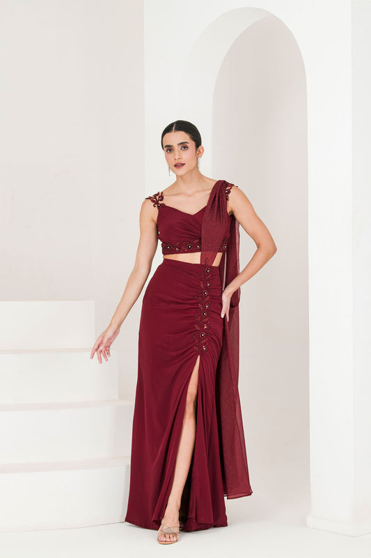 Maroon hand embroidered pre stitched saree