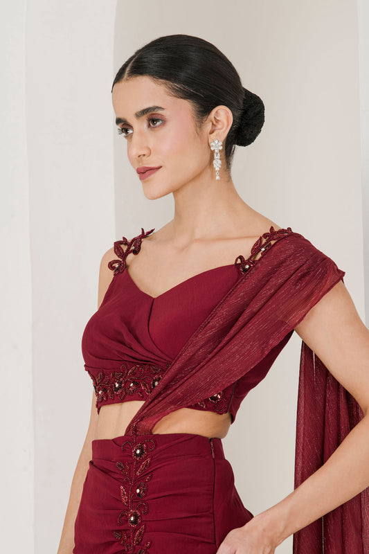 Maroon hand embroidered pre stitched saree