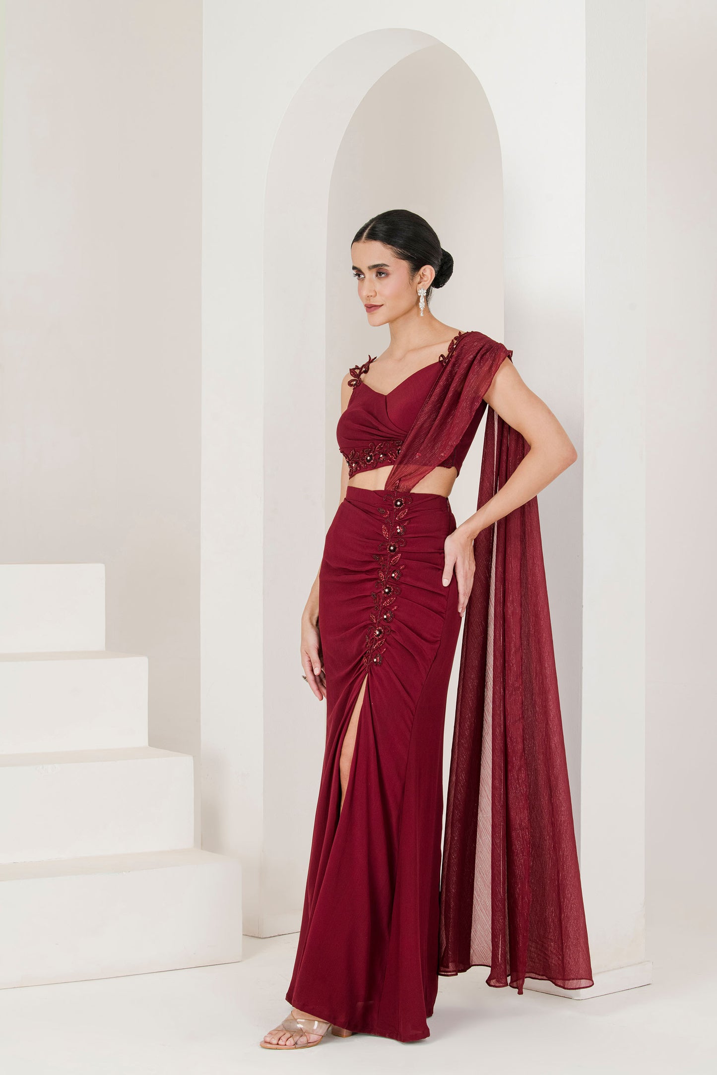Maroon hand embroidered pre stitched saree