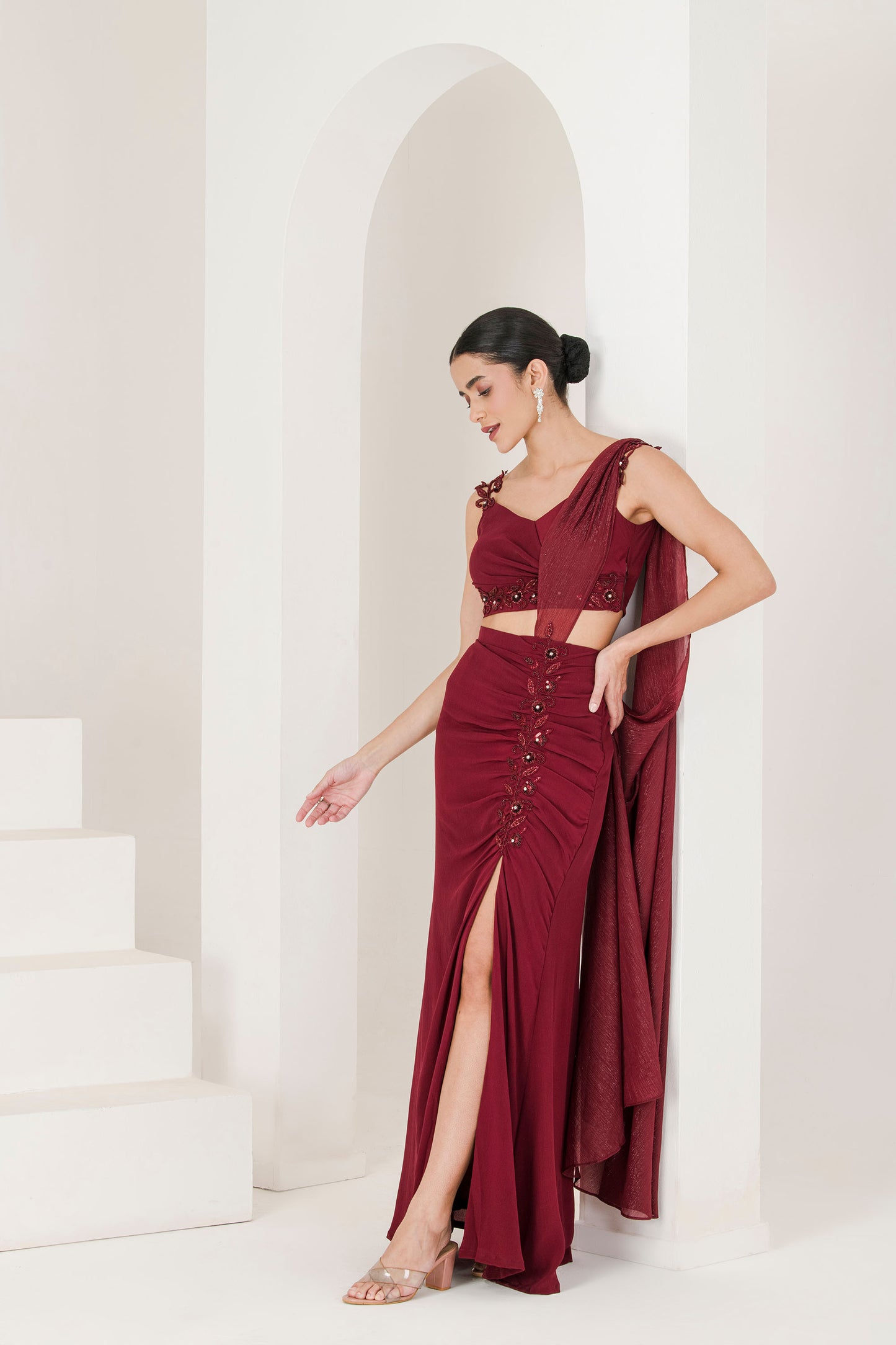 Maroon hand embroidered pre stitched saree