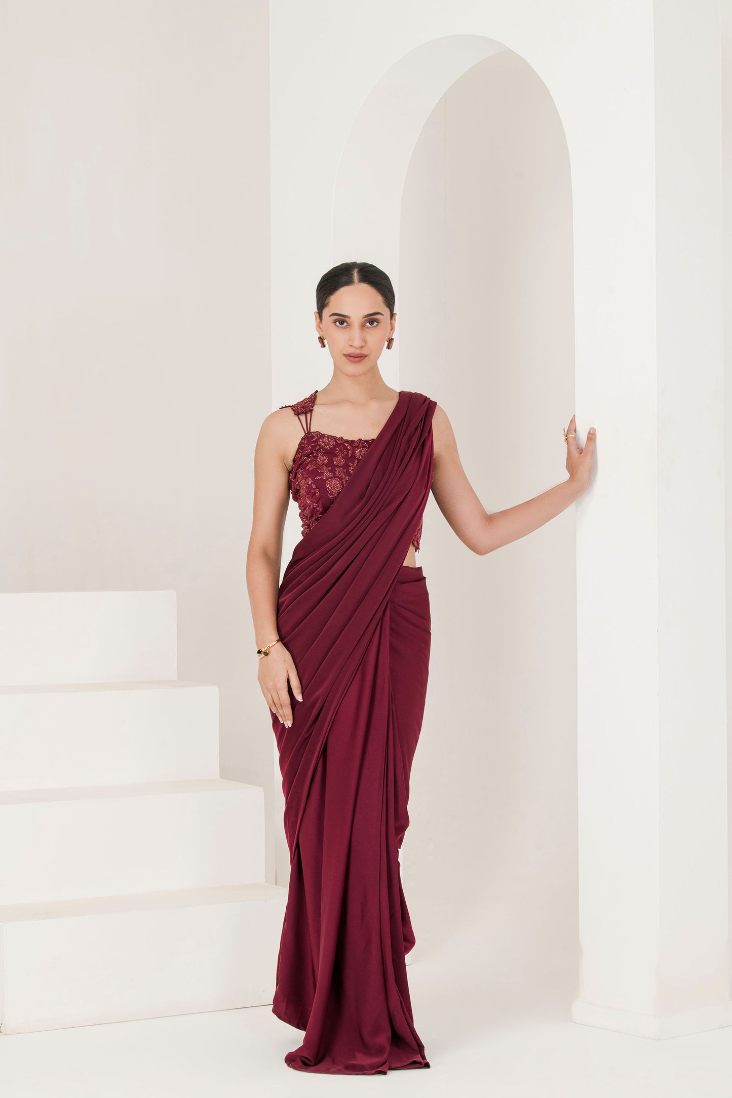 Wine hand embroidered pre stitched saree