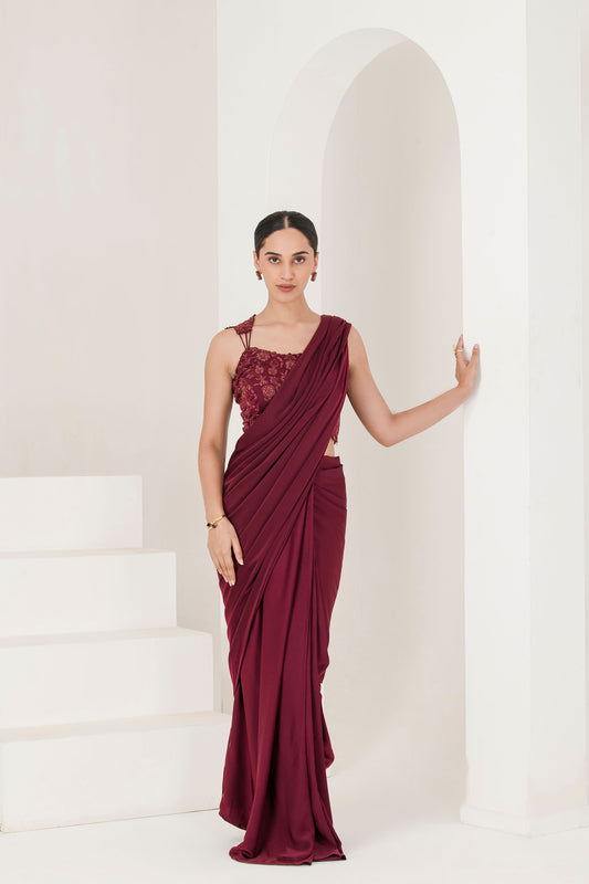 Wine hand embroidered pre stitched saree
