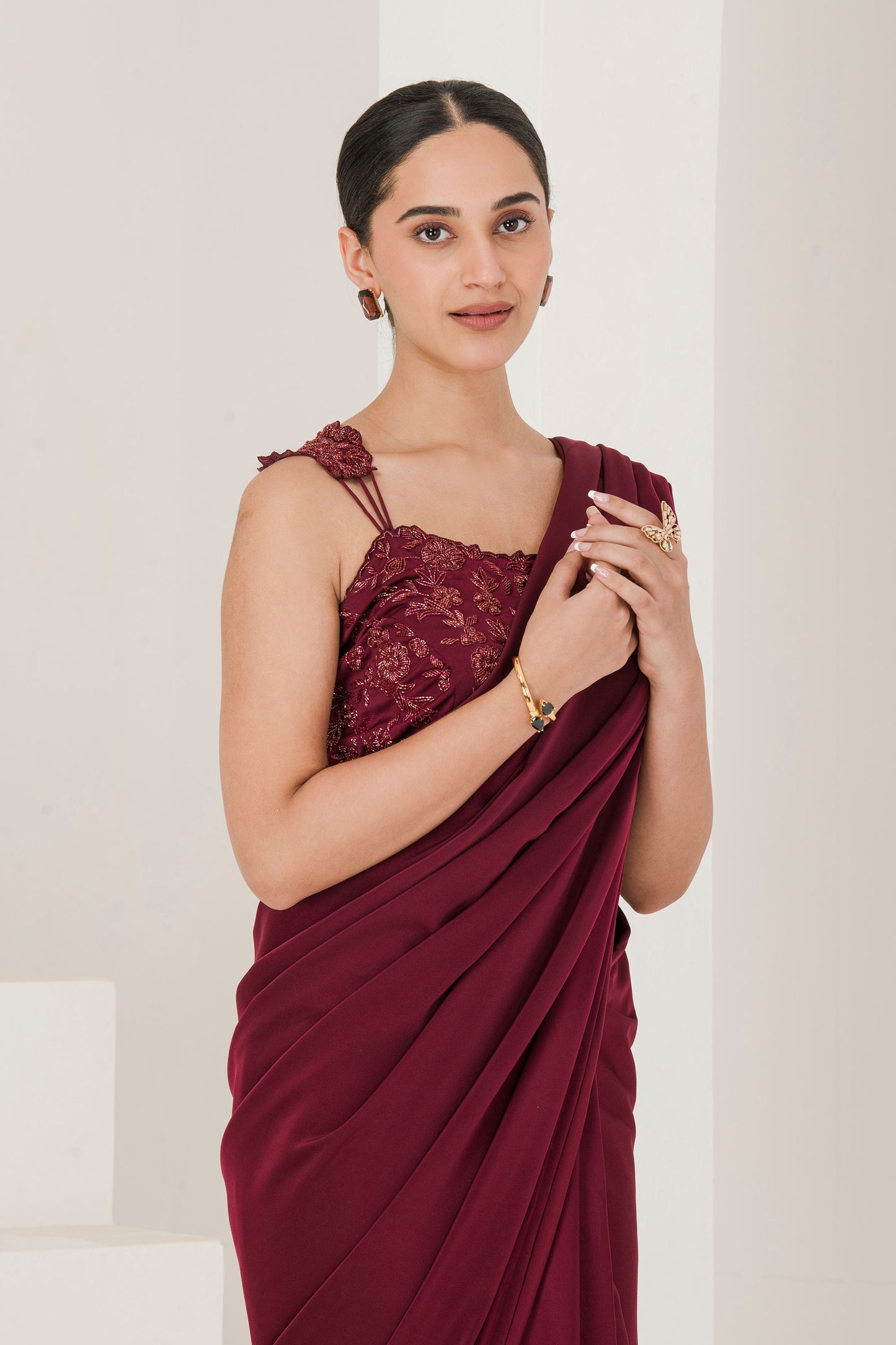 Wine hand embroidered pre stitched saree