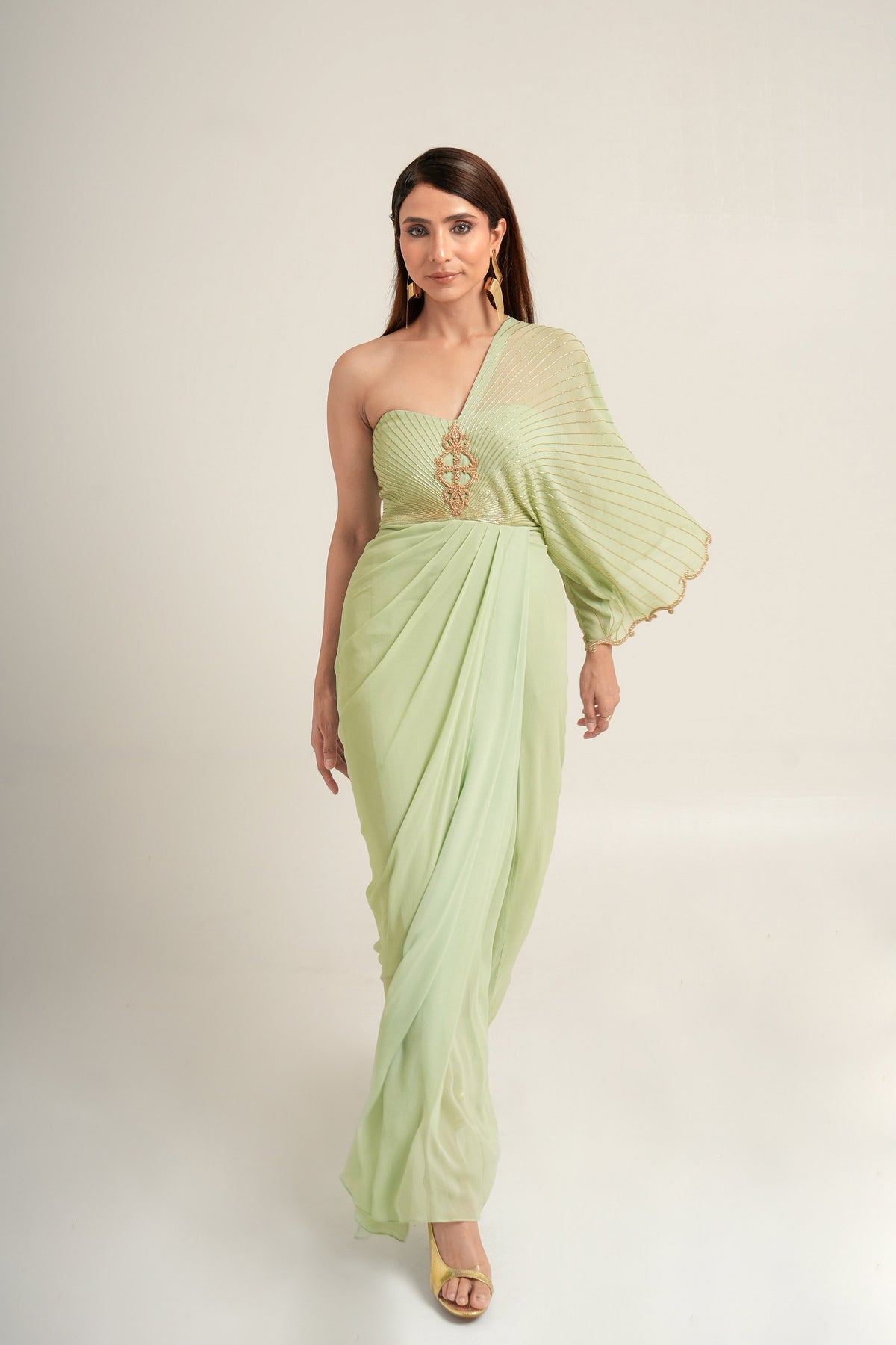 Green Zarosi Motif Georgette Symphony Sangeet Draped Saree