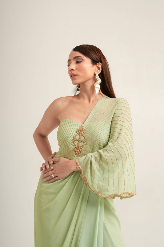 Green Zarosi Motif Georgette Symphony Sangeet Draped Saree