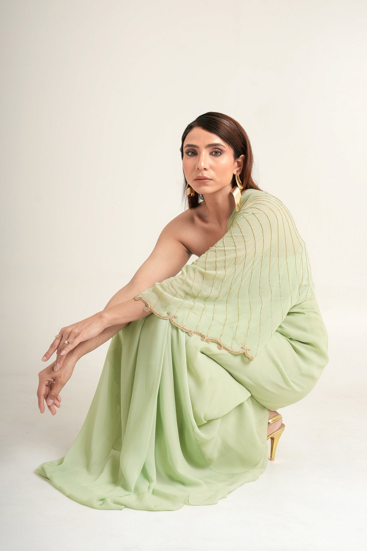 Green Zarosi Motif Georgette Symphony Sangeet Draped Saree
