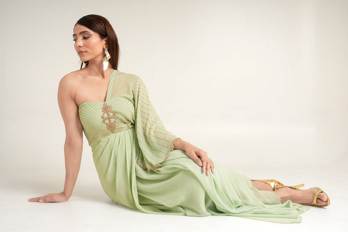 Green Zarosi Motif Georgette Symphony Sangeet Draped Saree