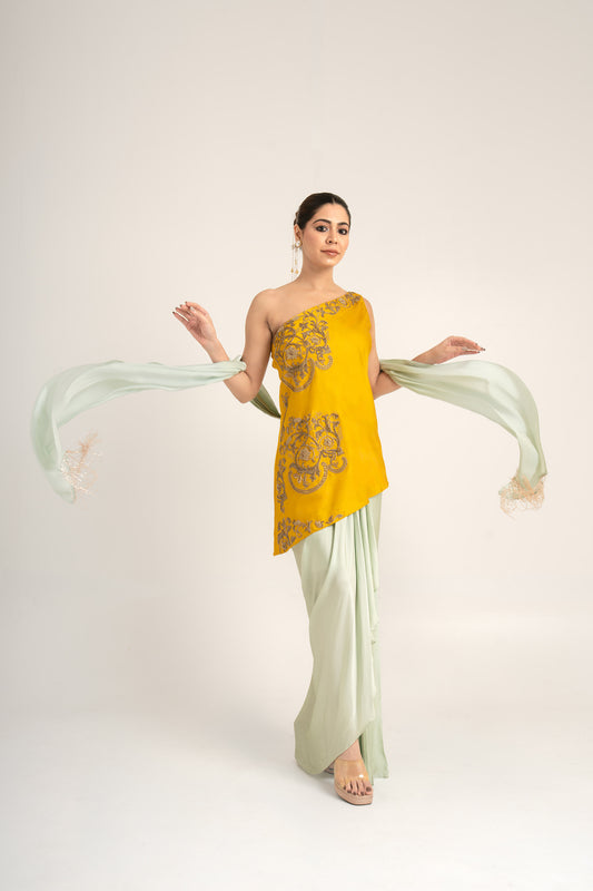 Bleed Yellow & Mint Green Dabka EmbroideryBemberg Silk Kurta & Draped Skirt for Mehendi