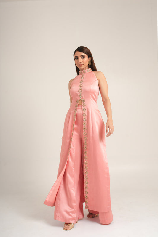 Midnight Salmon Pink Monaco Satin  Zardosi Work Party Wear Jacket & Sharara