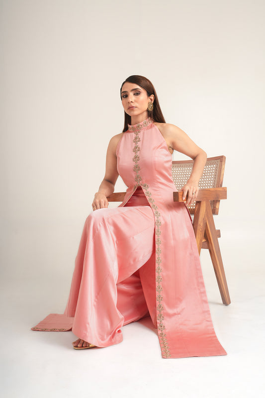 Midnight Salmon Pink Monaco Satin  Zardosi Work Party Wear Jacket & Sharara