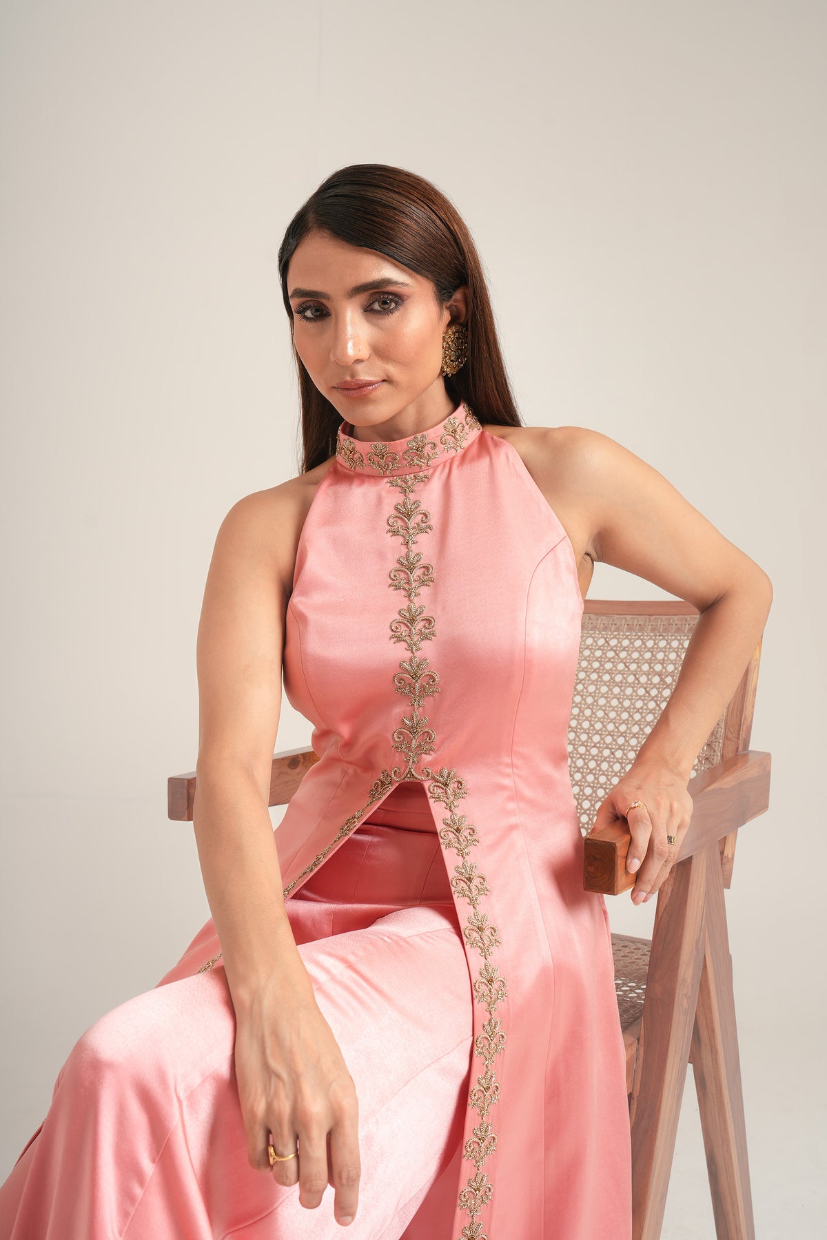 Midnight Salmon Pink Monaco Satin  Zardosi Work Party Wear Jacket & Sharara