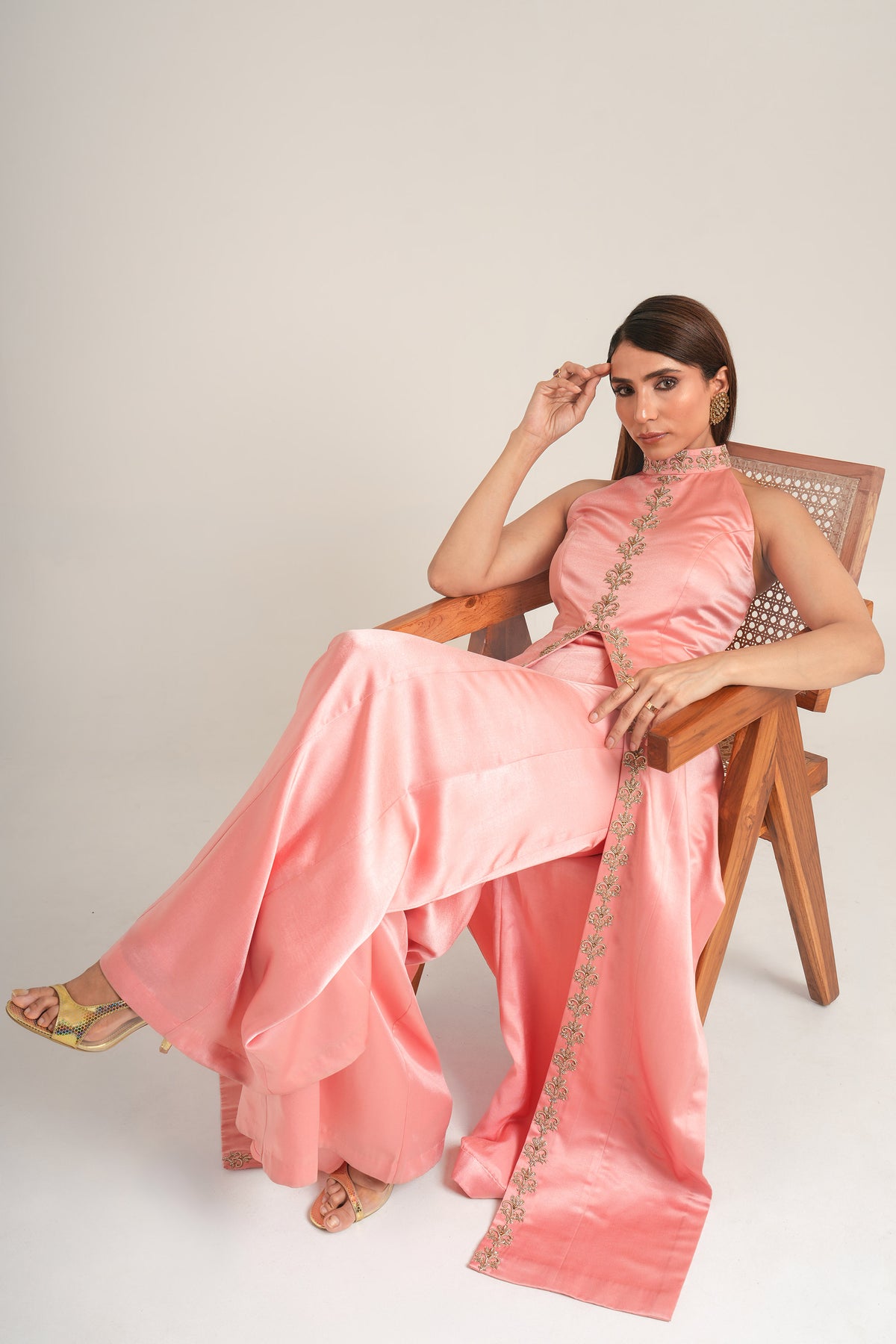 Midnight Salmon Pink Monaco Satin  Zardosi Work Party Wear Jacket & Sharara