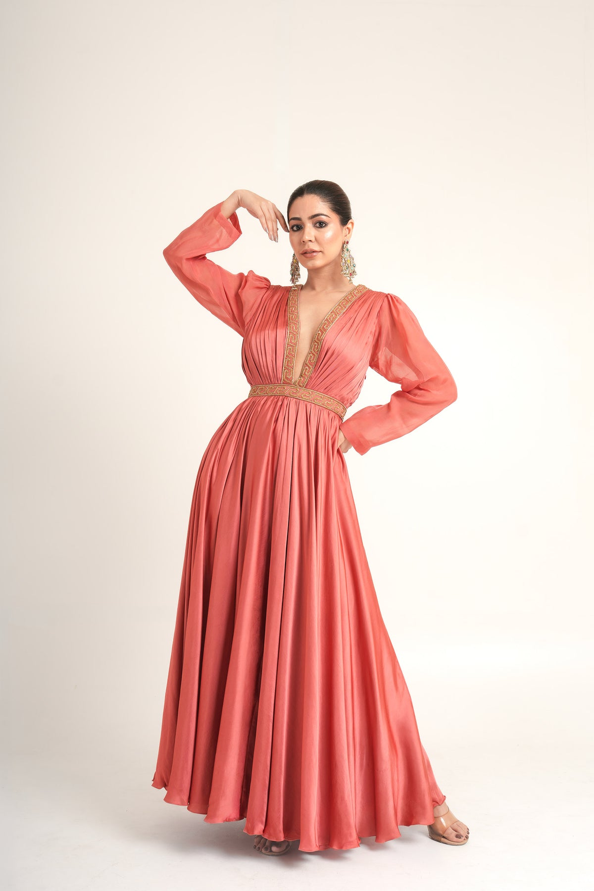 Lexington Deep Salmon Pink Georgette Satin Zardosi Pechani Work Festive Anarkali