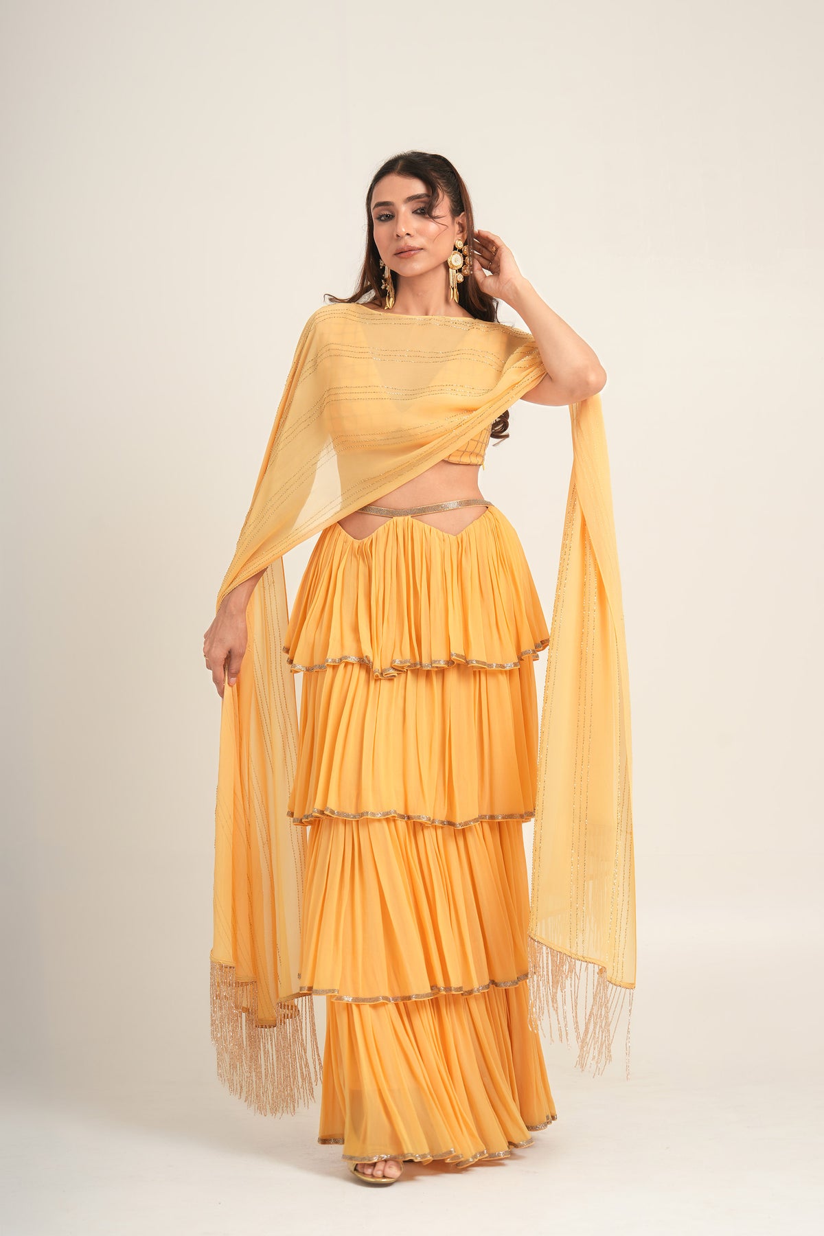 Marigold Yellow Bemberg Georgette Cutdana Work Ruffles Tiered Haldi Skirt