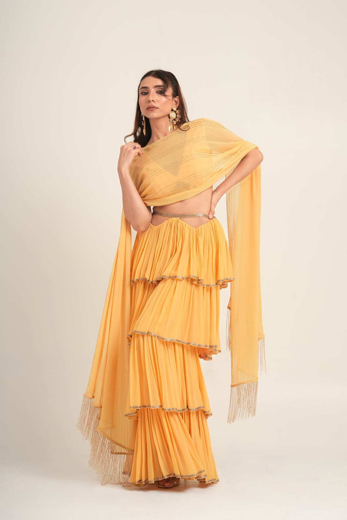Marigold Yellow Bemberg Georgette Cutdana Work Ruffles Tiered Haldi Skirt