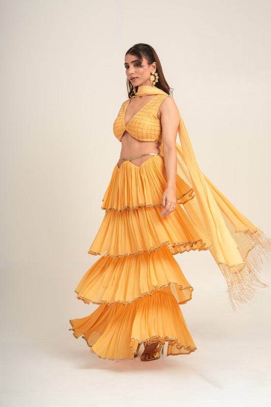 Marigold Yellow Bemberg Georgette Cutdana Work Ruffles Tiered Haldi Skirt