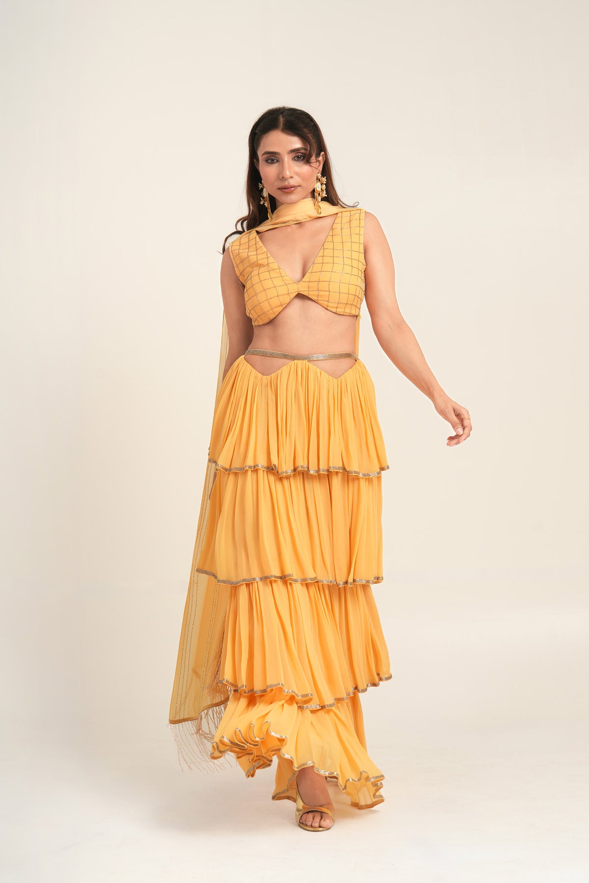 Marigold Yellow Bemberg Georgette Cutdana Work Ruffles Tiered Haldi Skirt