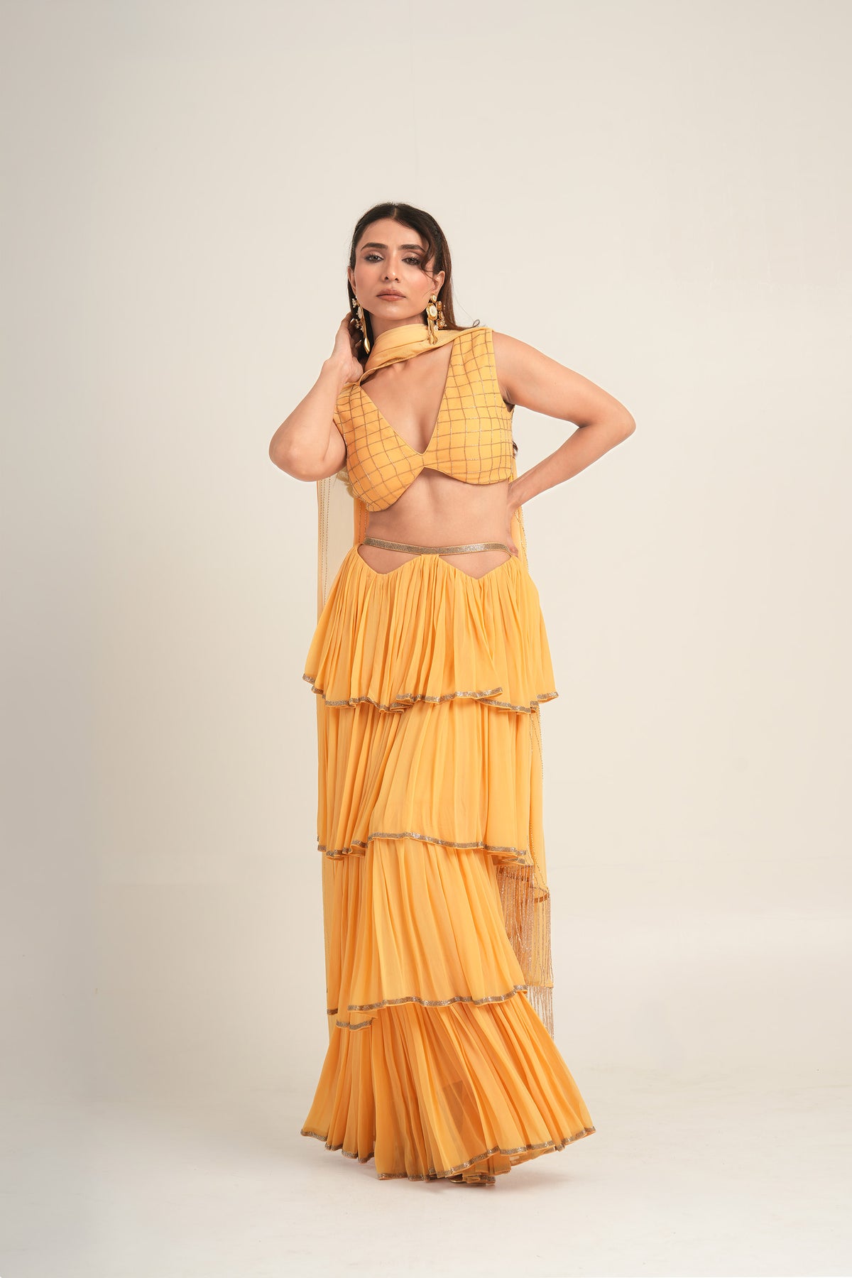 Marigold Yellow Bemberg Georgette Cutdana Work Ruffles Tiered Haldi Skirt
