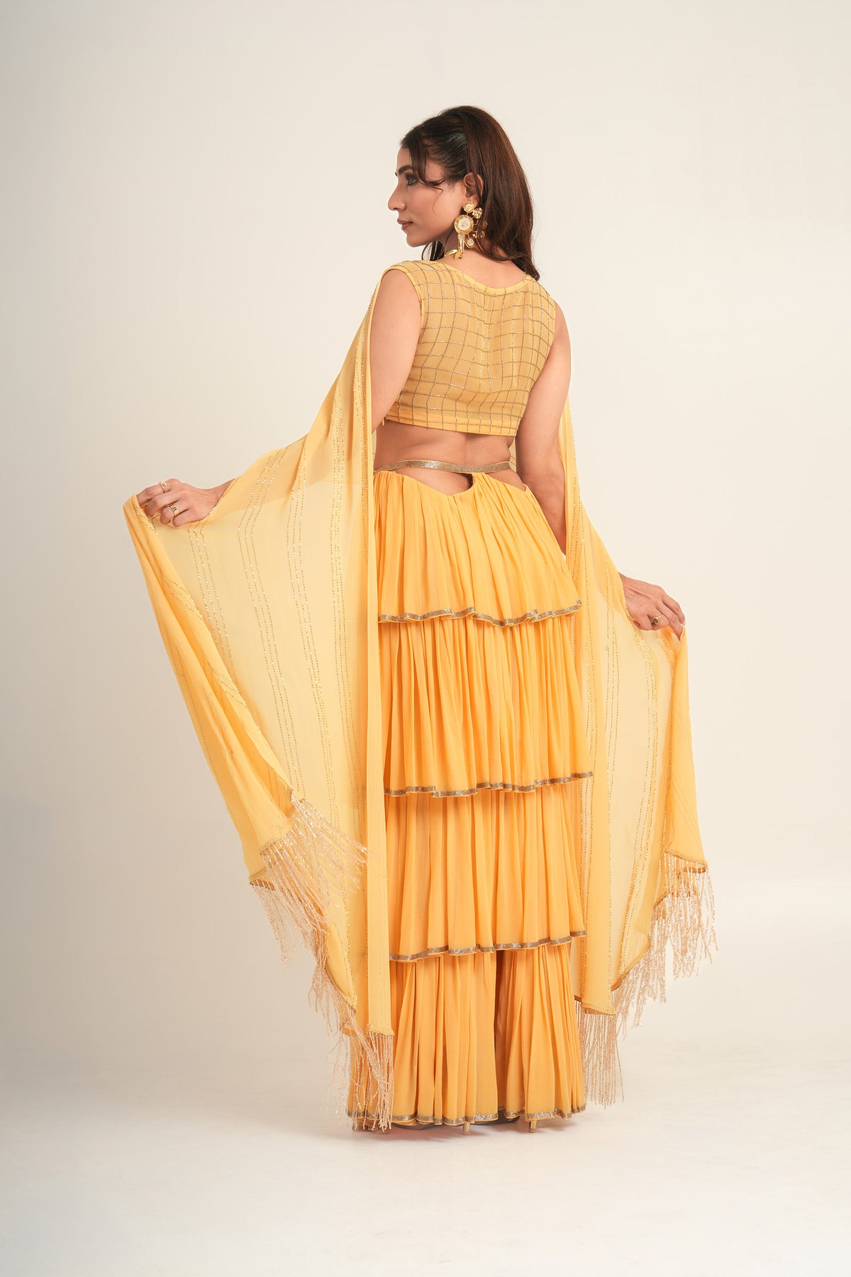 Marigold Yellow Bemberg Georgette Cutdana Work Ruffles Tiered Haldi Skirt