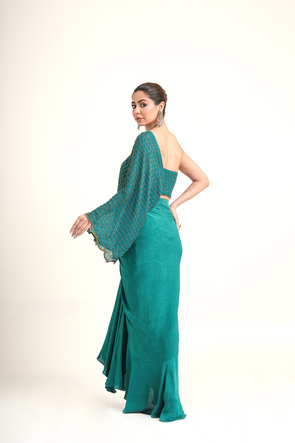Teal Green Symphony Double Hand Embroidered Georgette Draped Skirt for Mehendi