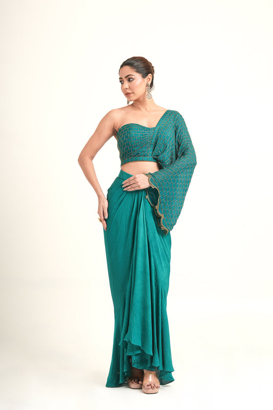 Teal Green Symphony Double Hand Embroidered Georgette Draped Skirt for Mehendi