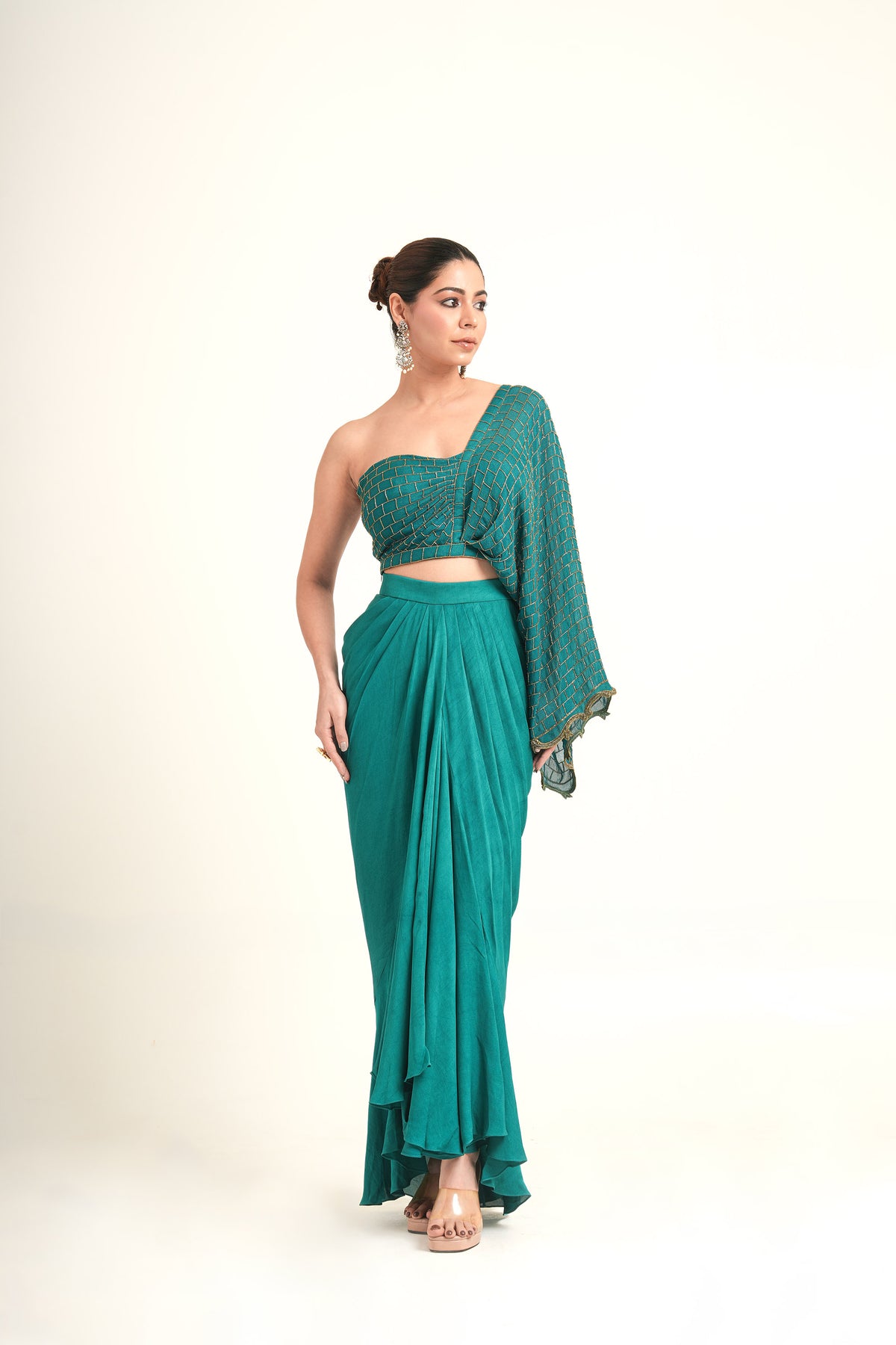 Teal Green Symphony Double Hand Embroidered Georgette Draped Skirt for Mehendi