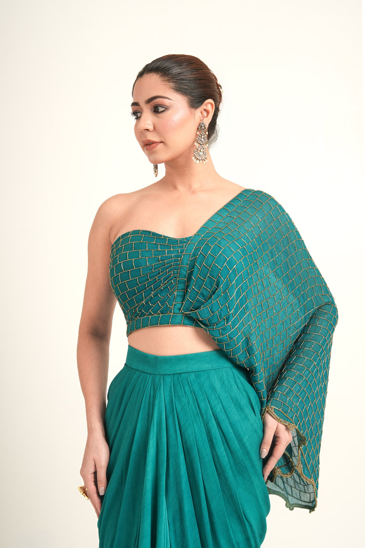 Teal Green Symphony Double Hand Embroidered Georgette Draped Skirt for Mehendi