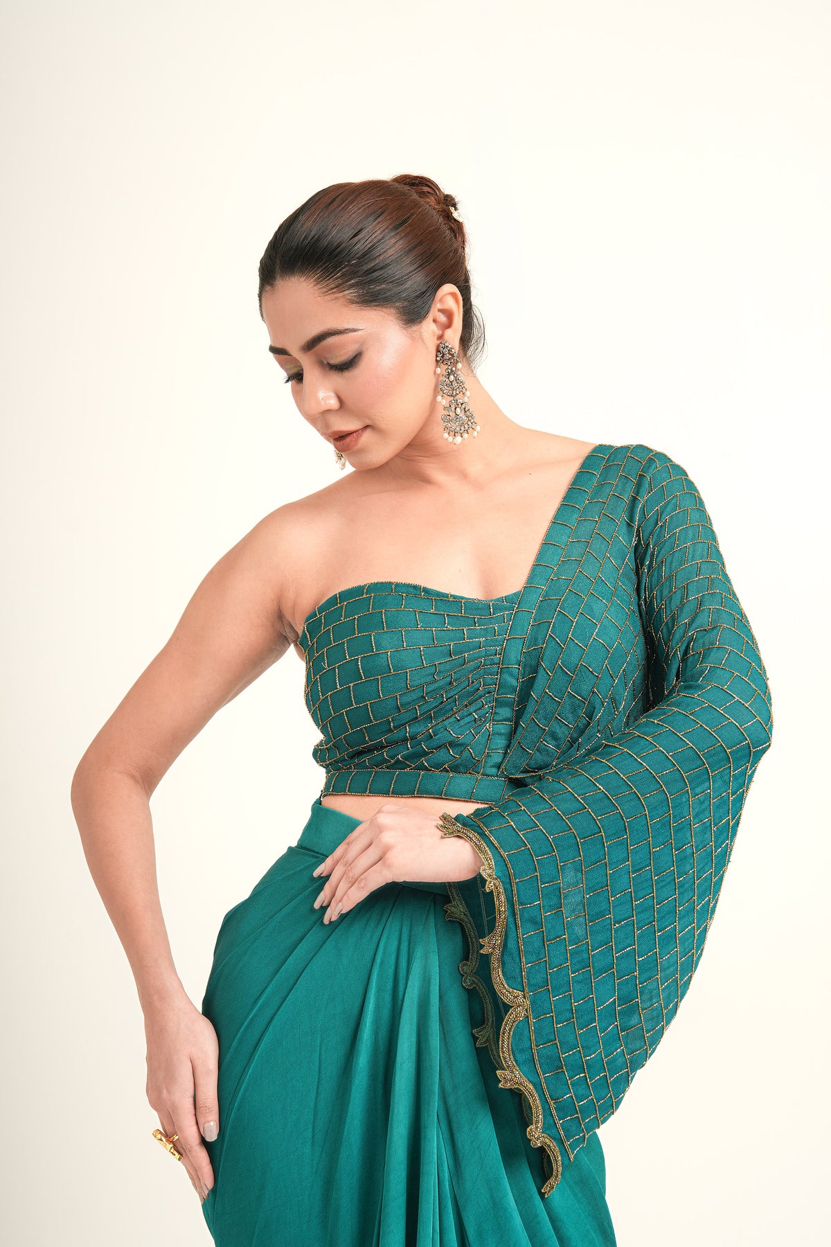 Teal Green Symphony Double Hand Embroidered Georgette Draped Skirt for Mehendi