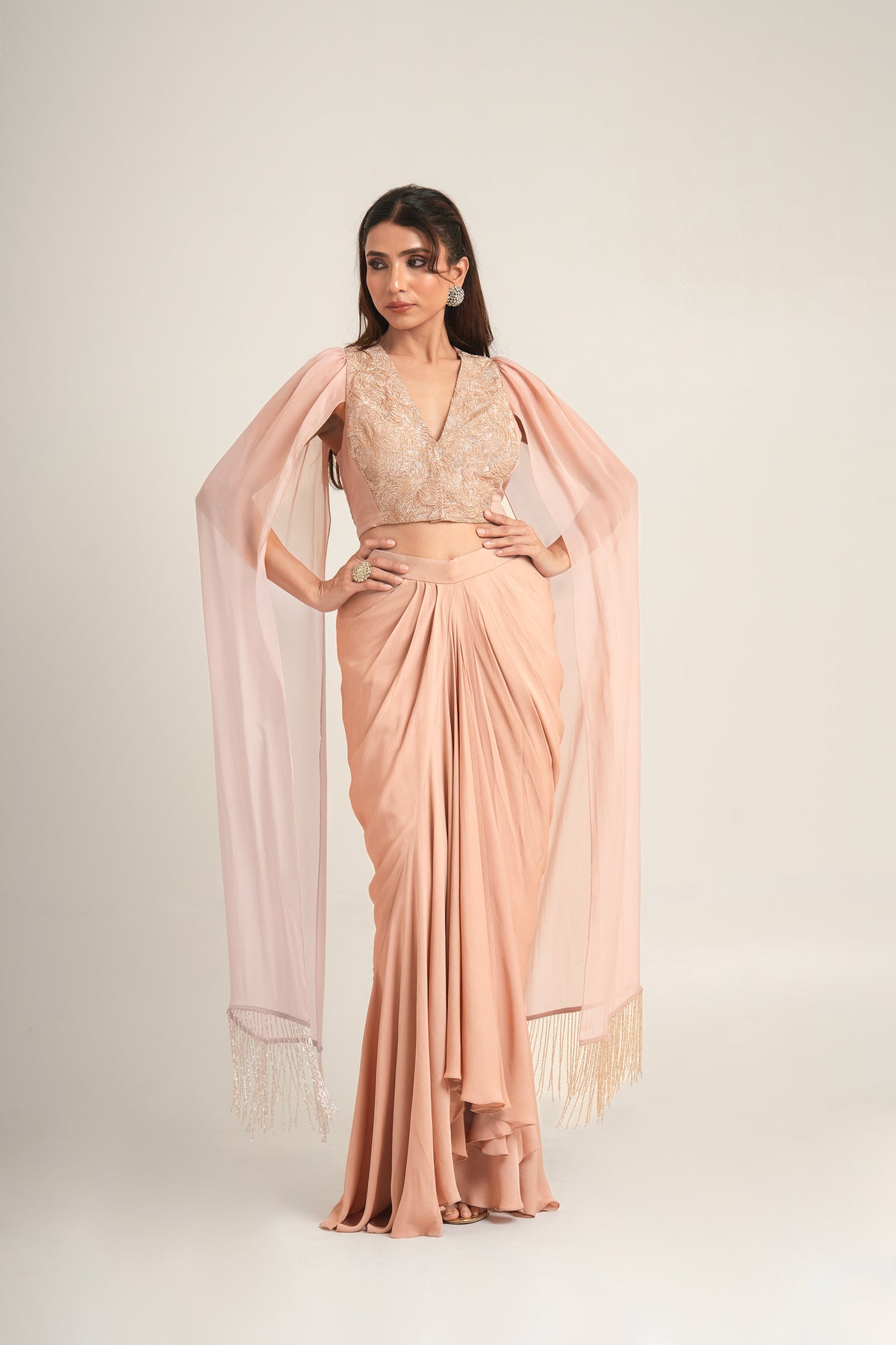 Desert Dusty Pink Pita Embroidery Double Georgette Sangeet  Draped Skirt