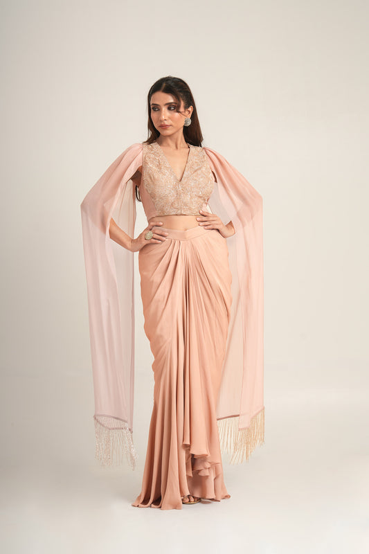 Desert Dusty Pink Pita Embroidery Double Georgette Sangeet  Draped Skirt
