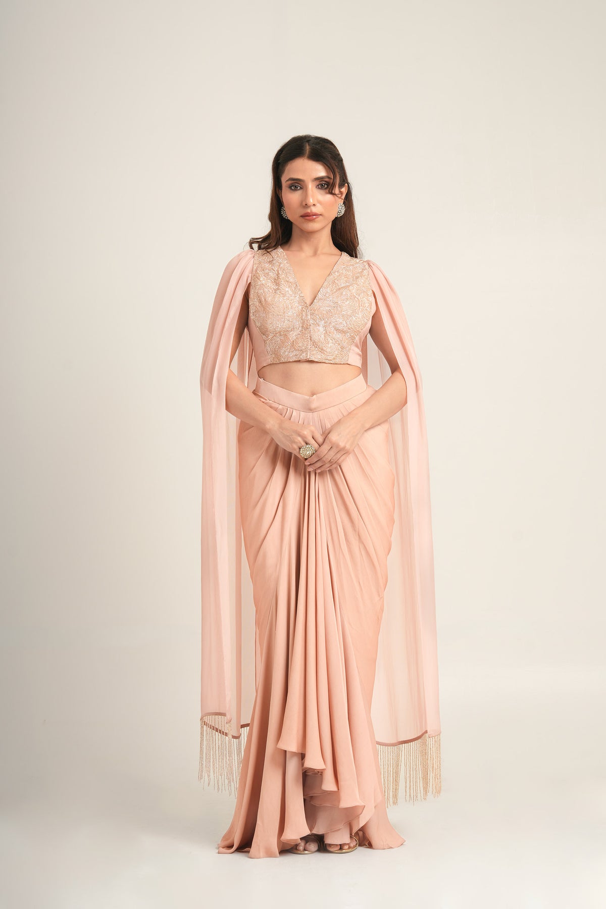Desert Dusty Pink Pita Embroidery Double Georgette Sangeet  Draped Skirt