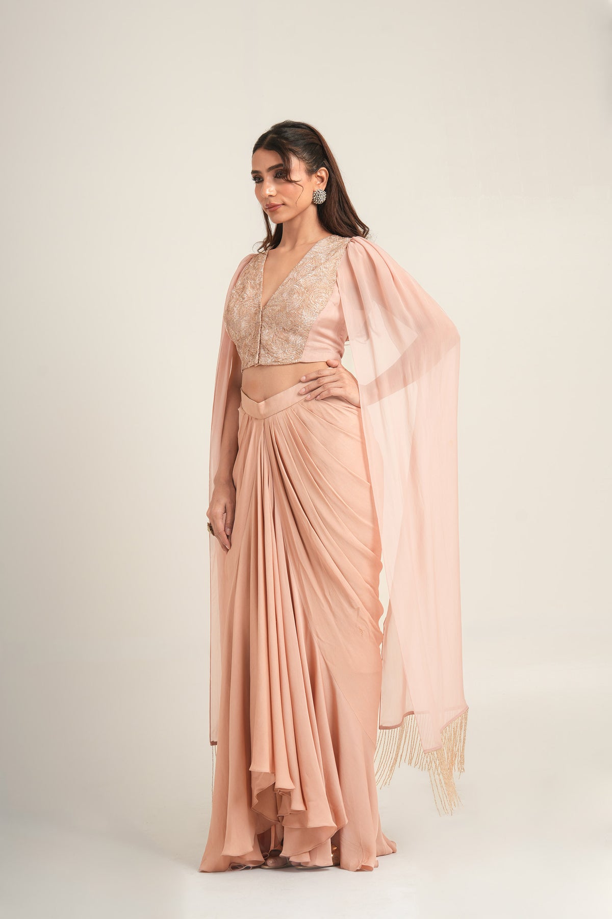 Desert Dusty Pink Pita Embroidery Double Georgette Sangeet  Draped Skirt
