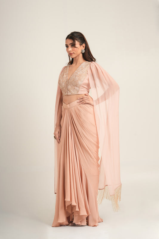 Desert Dusty Pink Pita Embroidery Double Georgette Sangeet  Draped Skirt