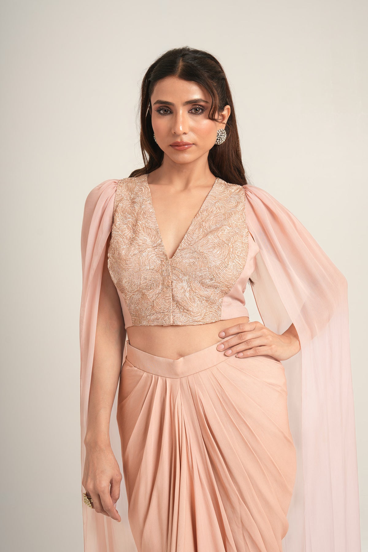 Desert Dusty Pink Pita Embroidery Double Georgette Sangeet  Draped Skirt