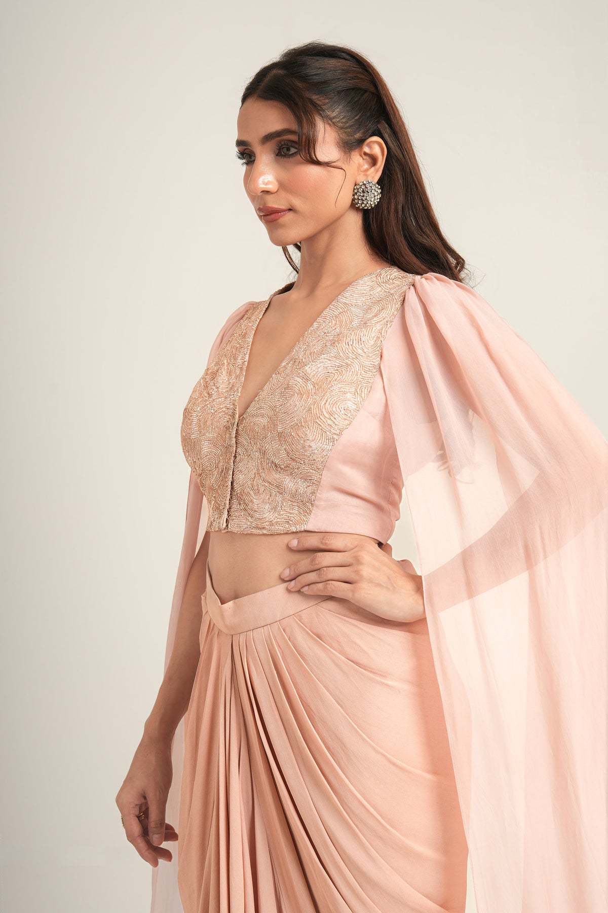 Desert Dusty Pink Pita Embroidery Double Georgette Sangeet  Draped Skirt