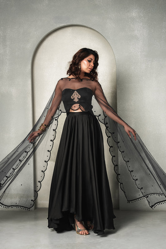 Black Swan Georgette Satin Zardozi Work Tube Cocktail Dress