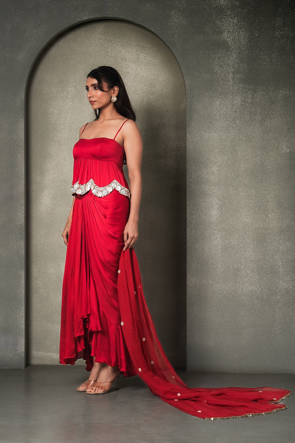 Grecian Goddess Red Draped Stones, sequins Work Georgette Satin Skirt & Peplum Blouse