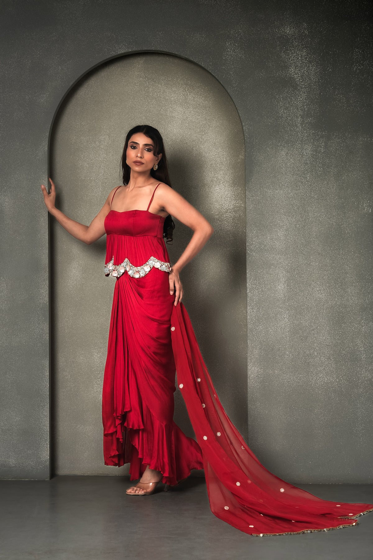 Grecian Goddess Red Draped Stones, sequins Work Georgette Satin Skirt & Peplum Blouse