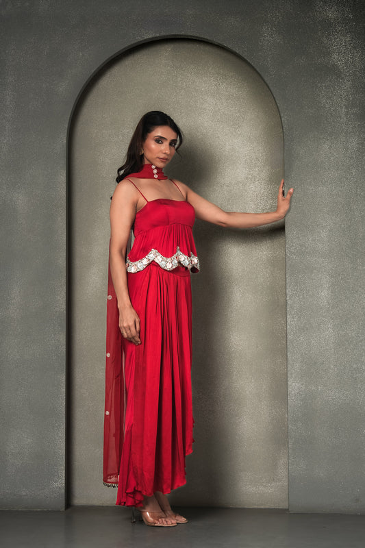 Grecian Goddess Red Draped Stones, sequins Work Georgette Satin Skirt & Peplum Blouse