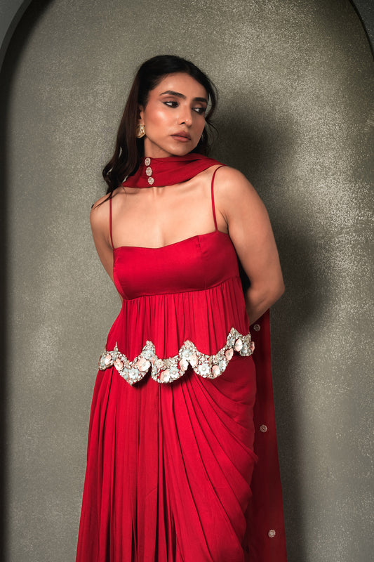 Grecian Goddess Red Draped Stones, sequins Work Georgette Satin Skirt & Peplum Blouse